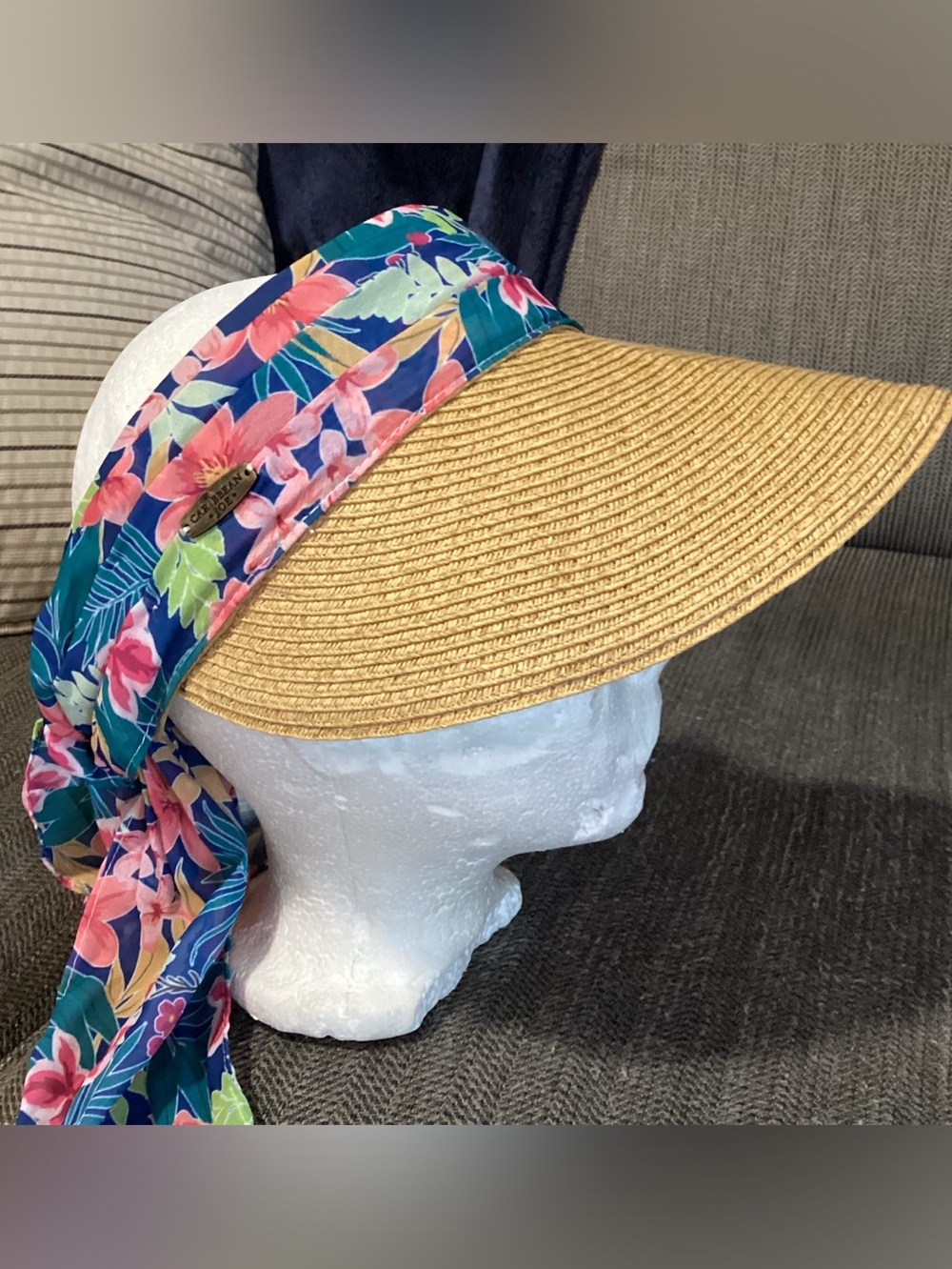 Caribbean Joe Sun Visor Straw Wide Brim Floral Print Sash UPF50+